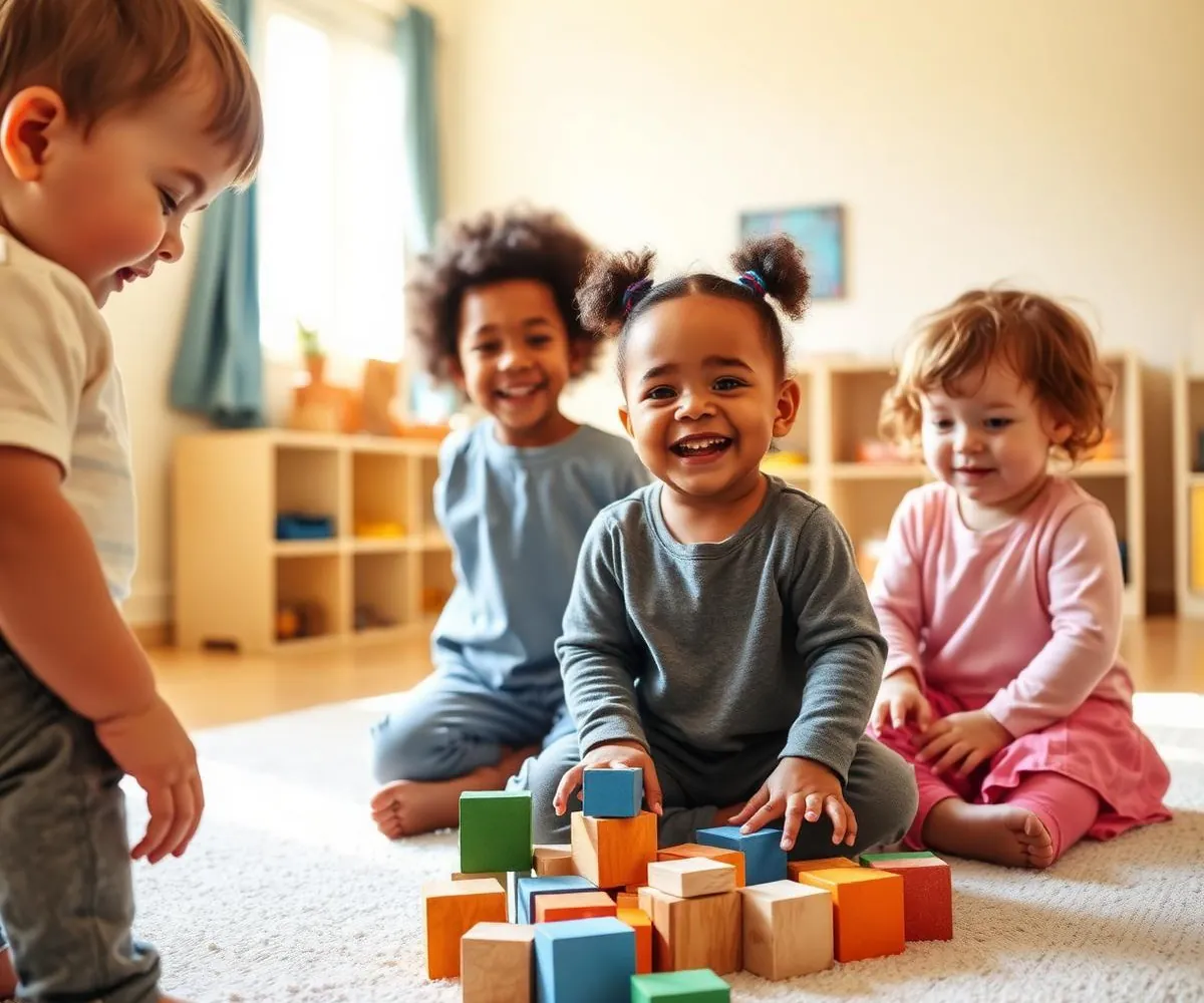 Children playing happily together in a bright, colourful nursery classroom