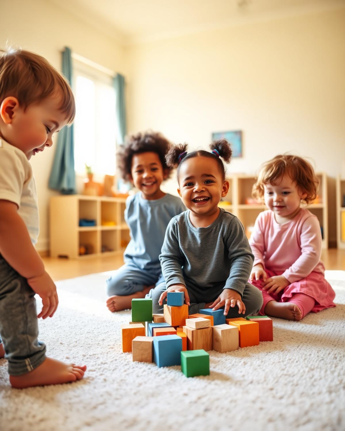 Children playing happily together in a bright, colourful nursery classroom